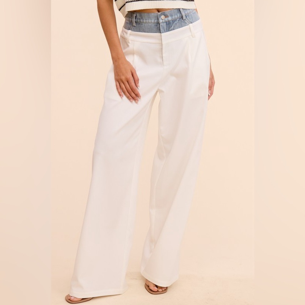 943. Denim Waistband Solid Wide Leg Trouser Pant in Ivory